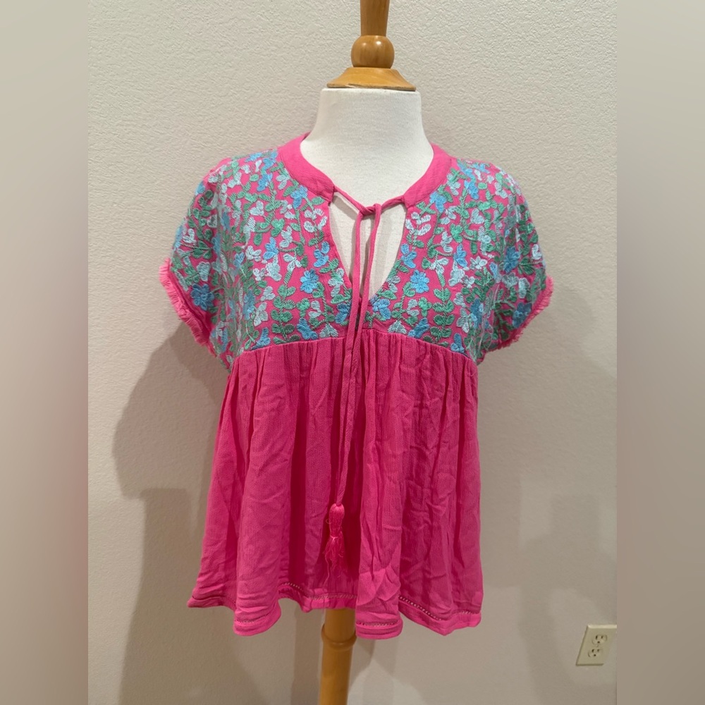 J. Marie Embroidered Top SZ M  Pink Floral Boho Feminine Mexican Cottage-core